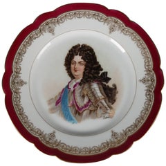 Antique French Sevres Painted and Gilt Porcelain Portrait Plate of Louis XIV