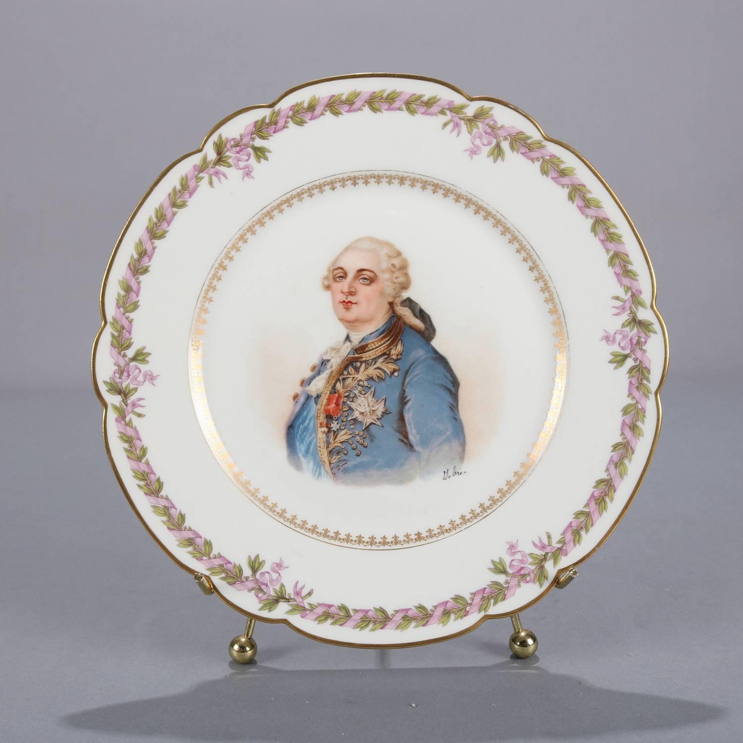 19th Century Antique French Sevres Painted and Gilt Porcelain Portrait Plate of Louis XVI