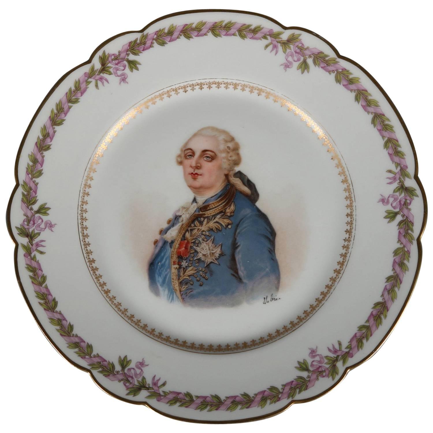 Antique French Sevres Painted and Gilt Porcelain Portrait Plate of Louis XVI