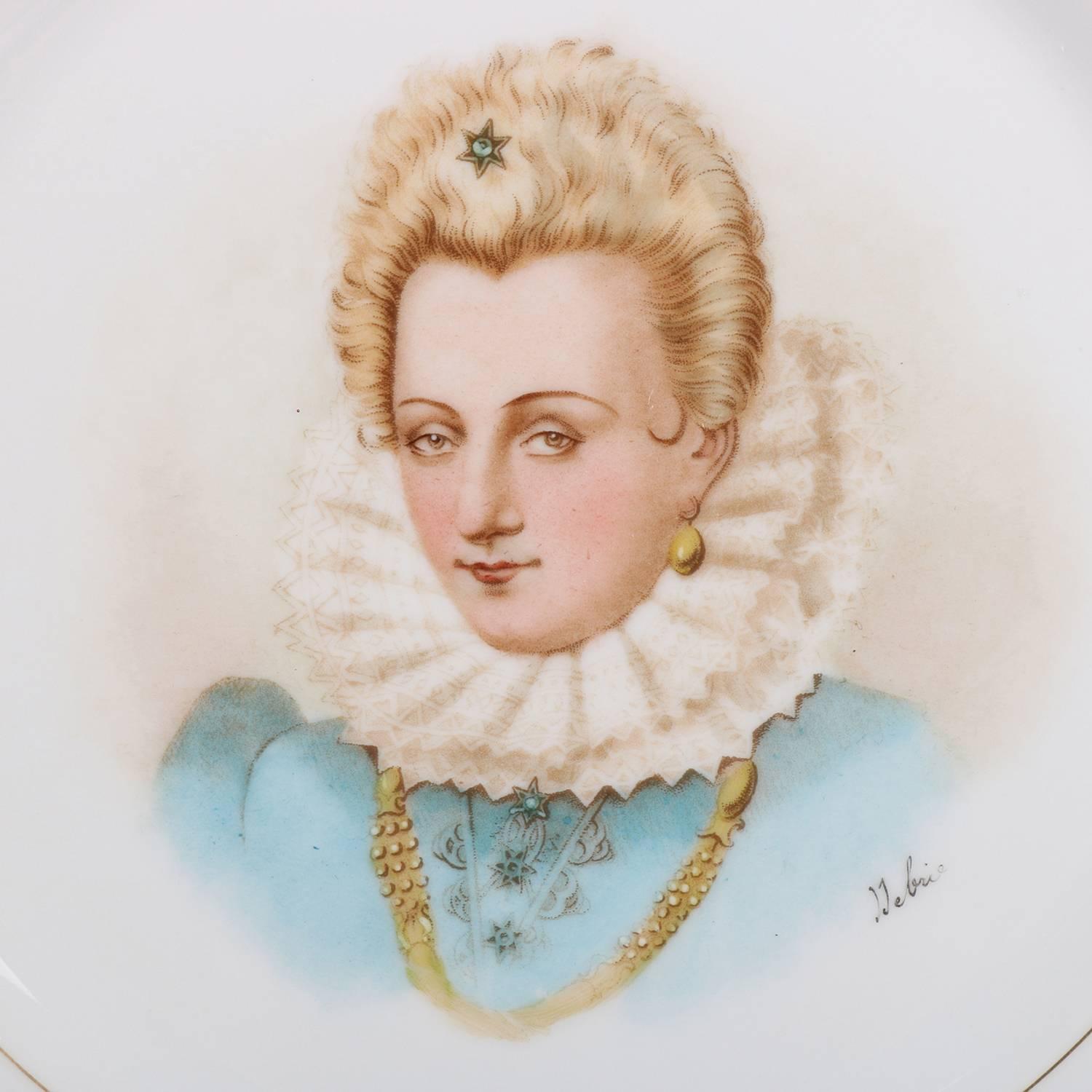Antique French portrait plate by Sevres for Chateau de St Cloud features well with central artist signed portrait of Gabrielle D'estrees by Debrie, rim with gilt scalloped edges and decorated with blue and gilt foliate motif, en verso stamped