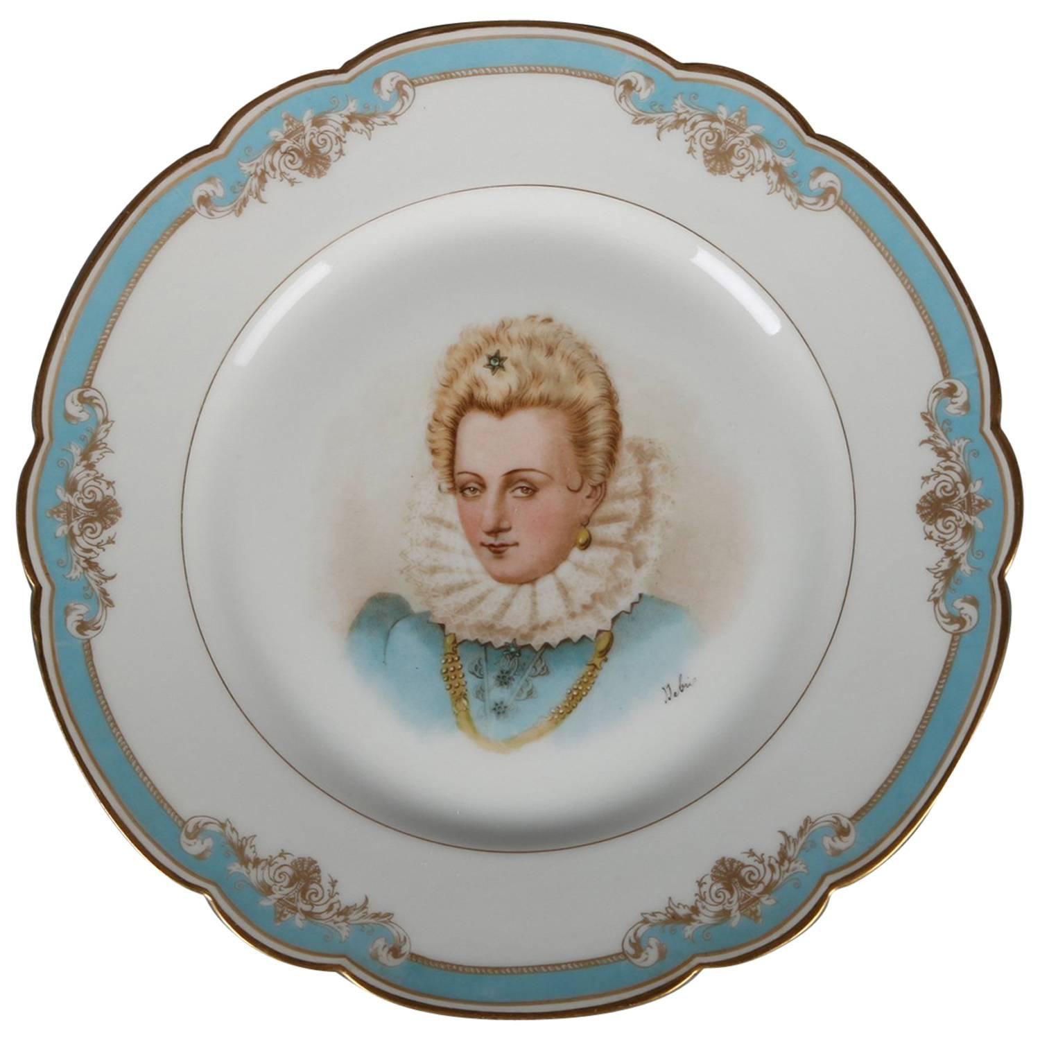 Antique French Sevres Painted and Gilt Portrait Plate of Gabrielle D'estrees