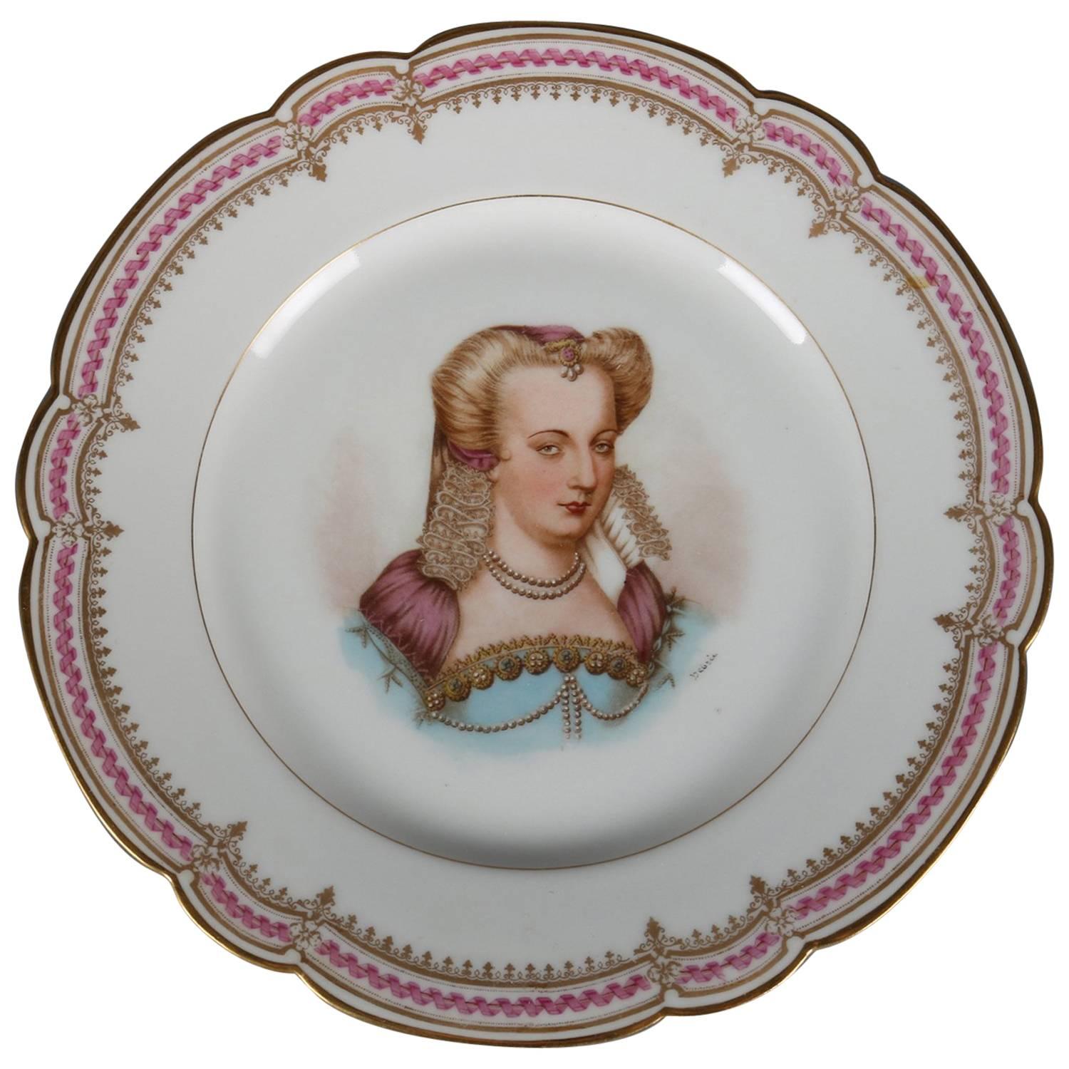 Antique French Sevres Painted and Gilt Portrait Plate of Louise de Lorraine