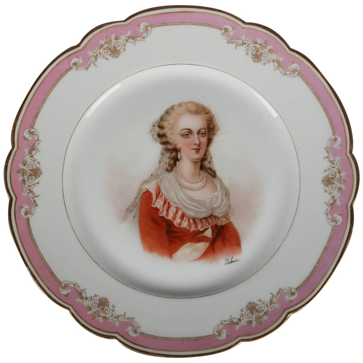 Antique French Sevres Painted and Gilt Portrait Plate of Marie Antoinette