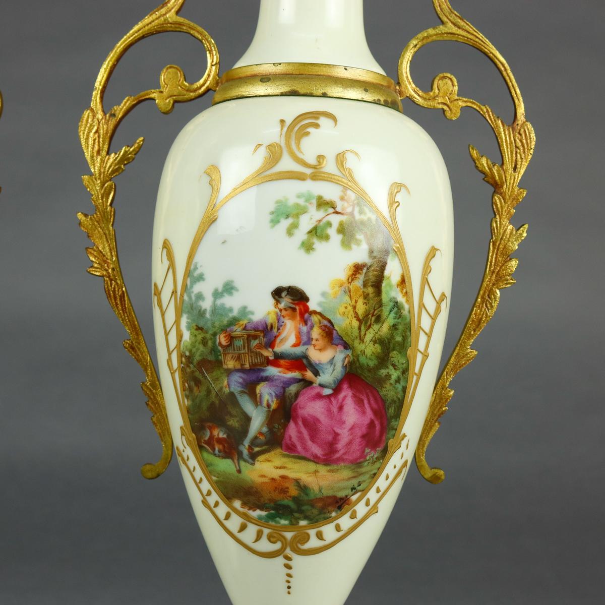 Victorian Antique French Sevres Pictorial Hand Painted and Gilt Porcelain and Bronze Urns