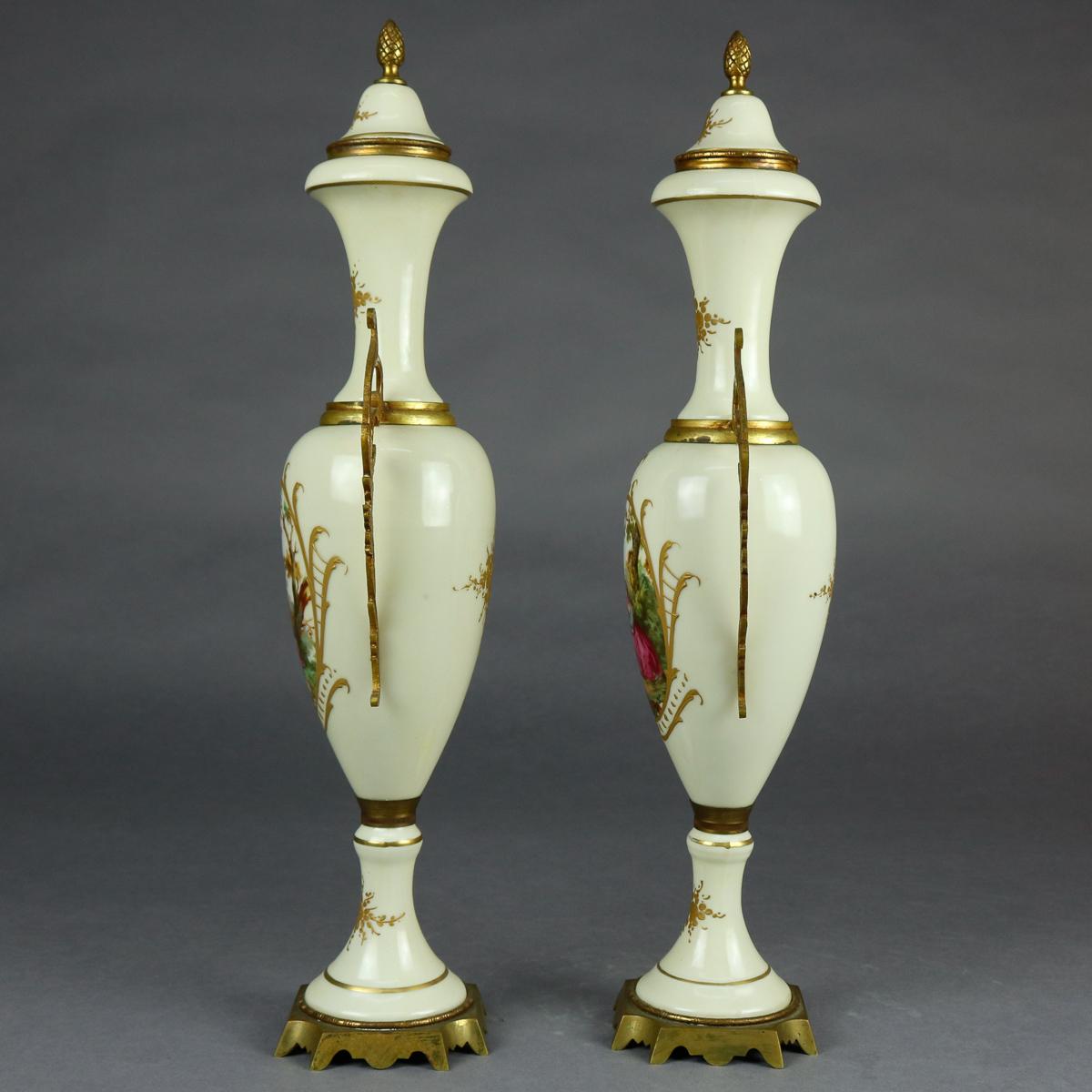 Hand-Painted Antique French Sevres Pictorial Hand Painted and Gilt Porcelain and Bronze Urns