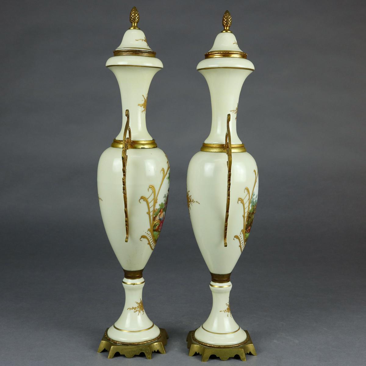 19th Century Antique French Sevres Pictorial Hand Painted and Gilt Porcelain and Bronze Urns