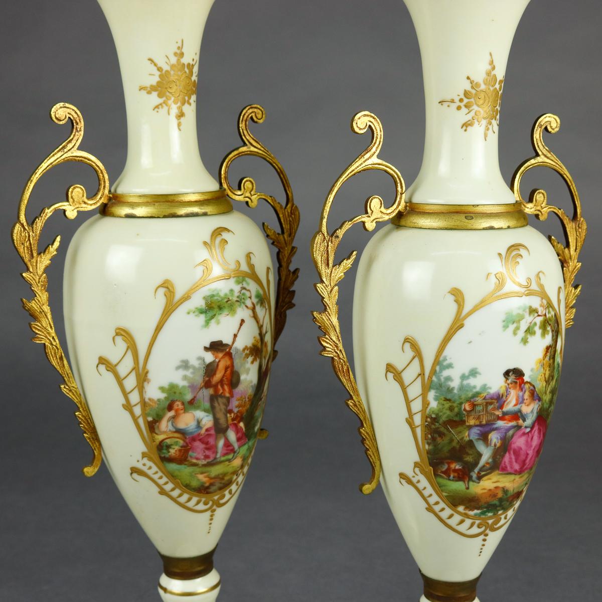 Antique French Sevres Pictorial Hand Painted and Gilt Porcelain and Bronze Urns 2