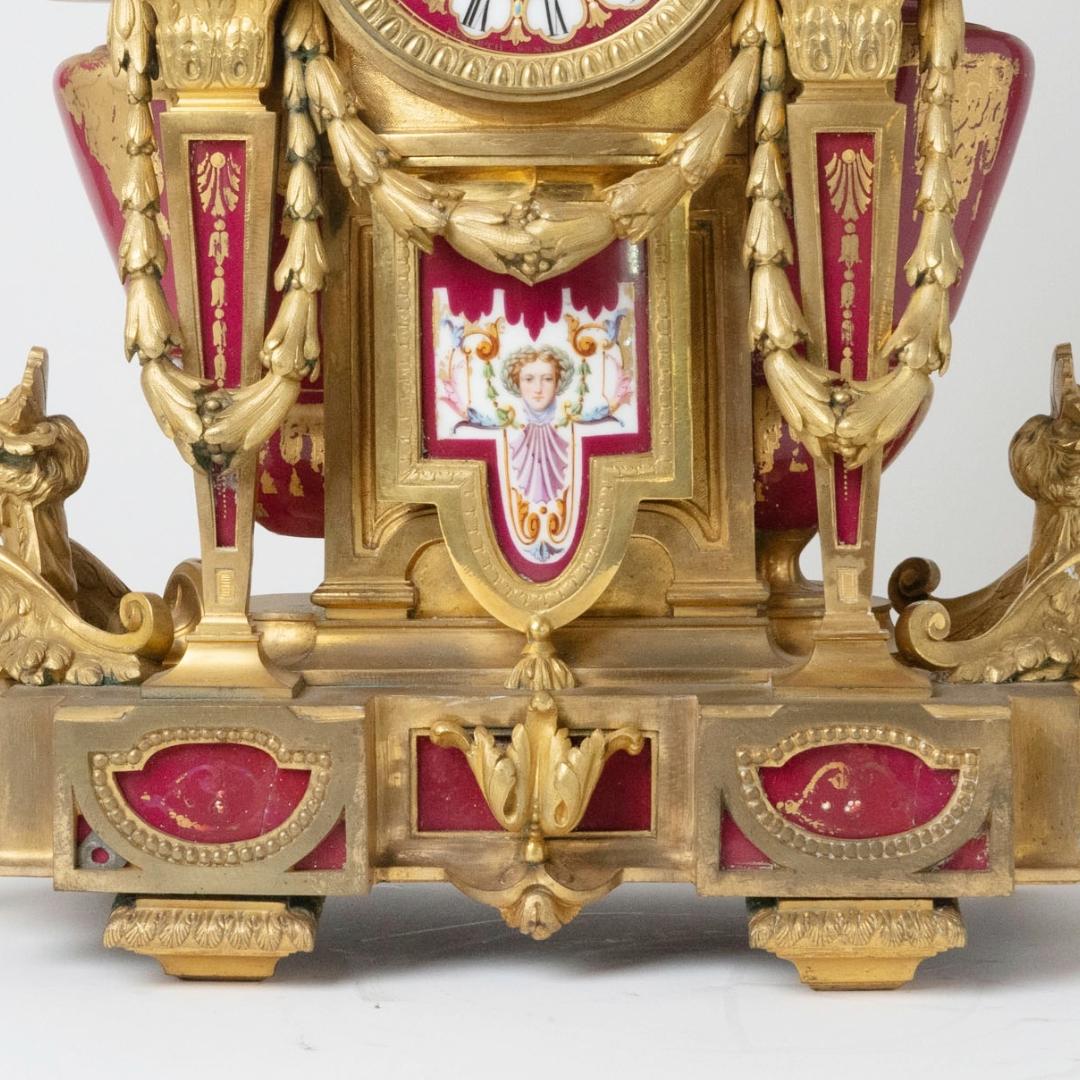 Neoclassical Antique French Sèvres Porcelain and Gilt-Bronze Ormolu Mounted Clock, Mid-19th C For Sale