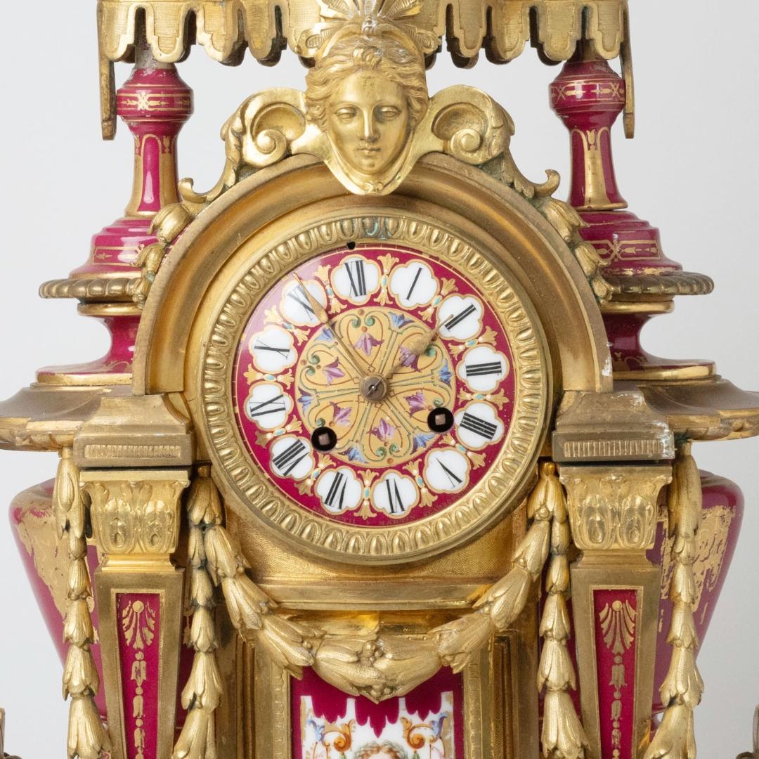 Antique French Sèvres Porcelain and Gilt-Bronze Ormolu Mounted Clock, Mid-19th C For Sale 1