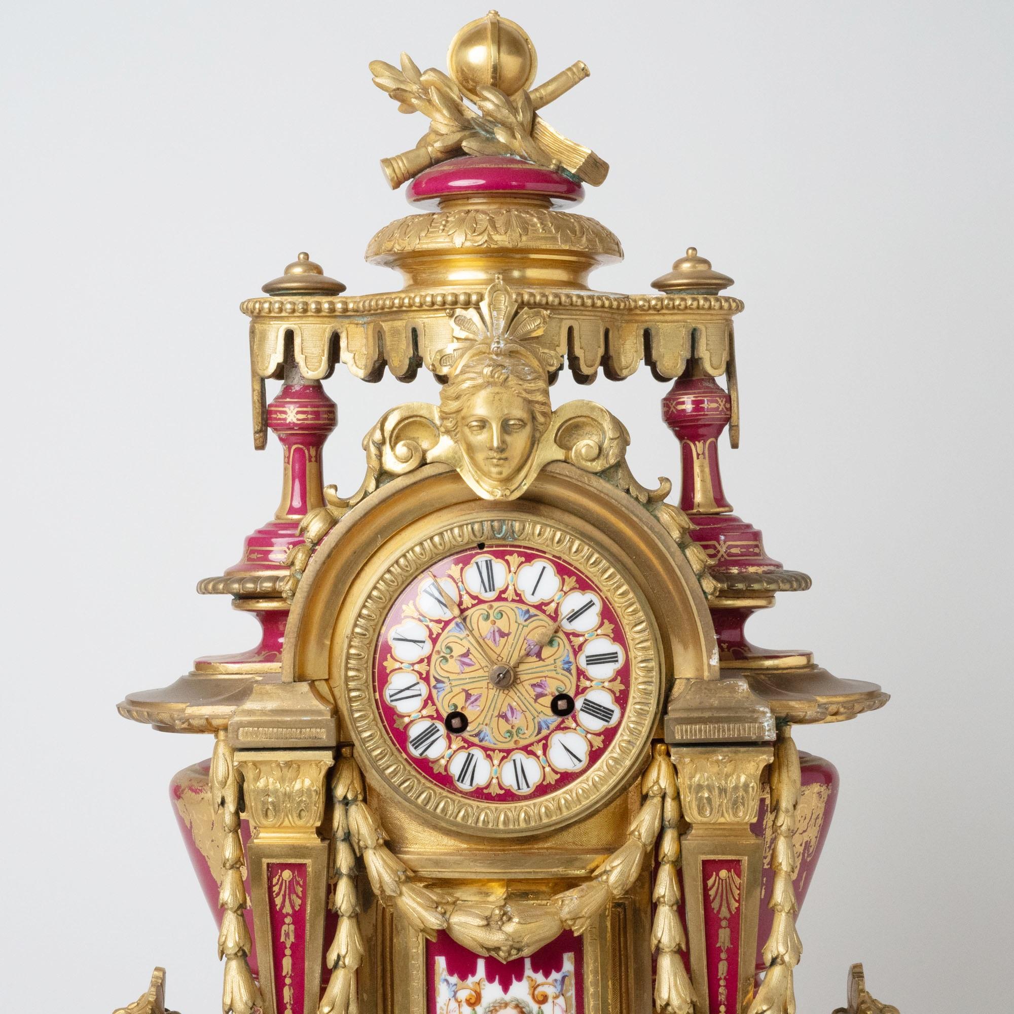Antique French Sèvres Porcelain and Gilt-Bronze Ormolu Mounted Clock, Mid-19th C For Sale 3