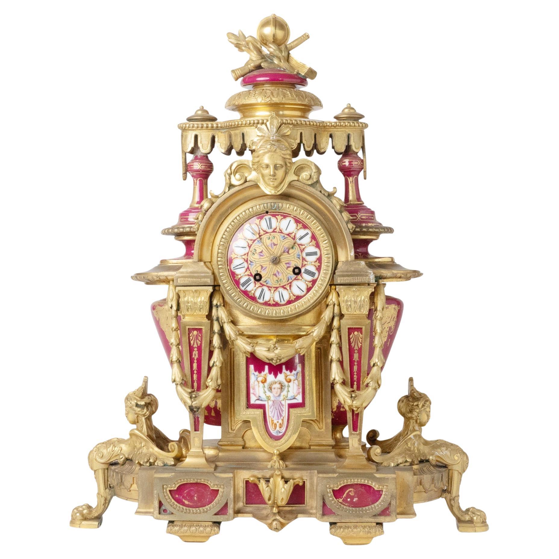Antique French Sèvres Porcelain and Gilt-Bronze Ormolu Mounted Clock, Mid-19th C For Sale