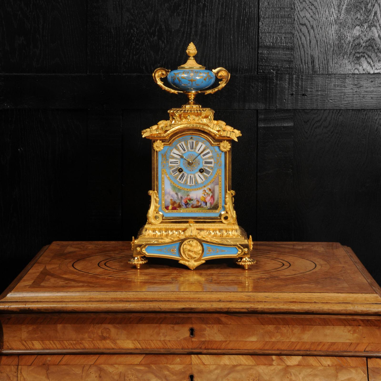 Gilt Antique French Sevres Porcelain and Ormolu Clock