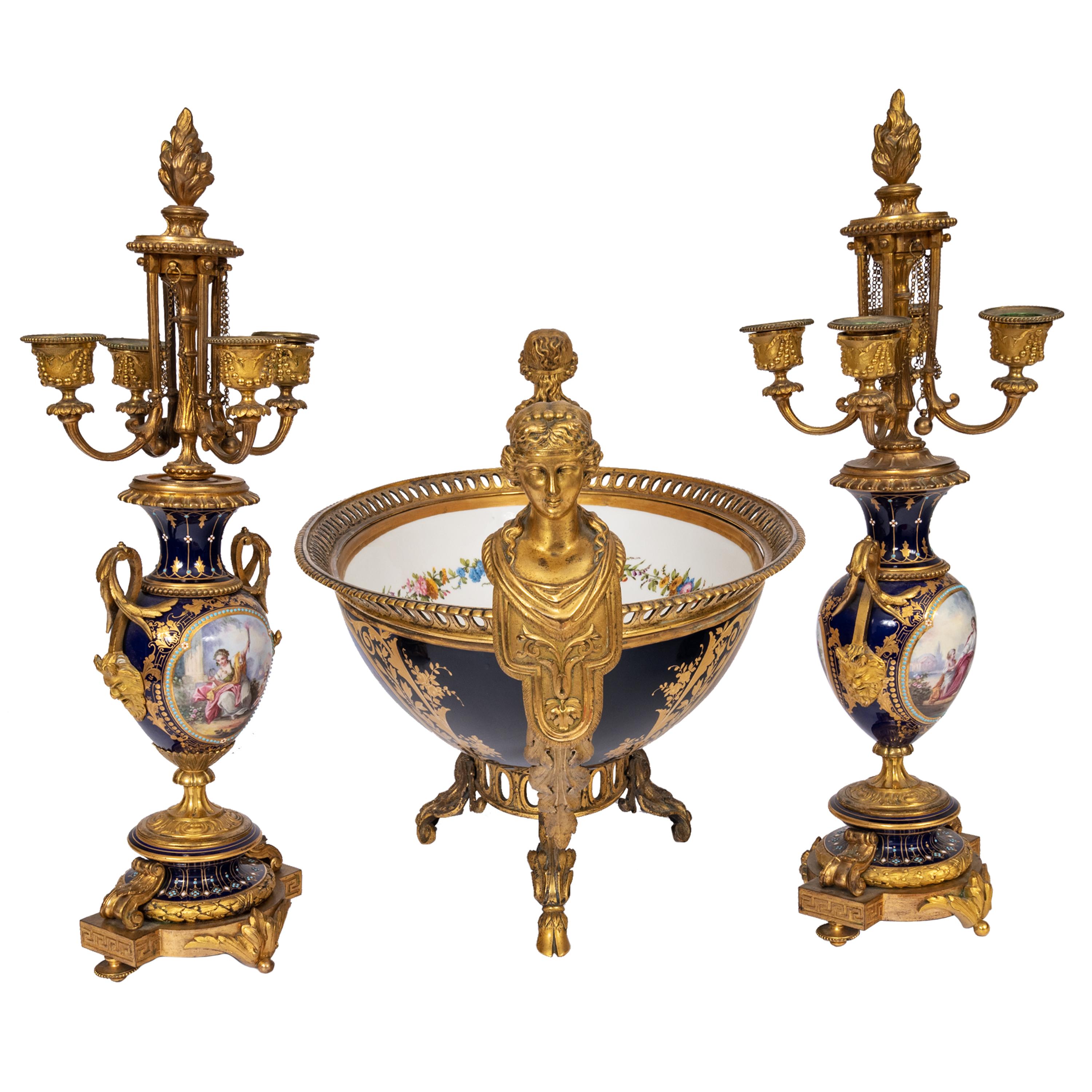 Belle Époque Antique French Sevres Porcelain Bronze Ormolu Candelarbra Jardiniere Garniture