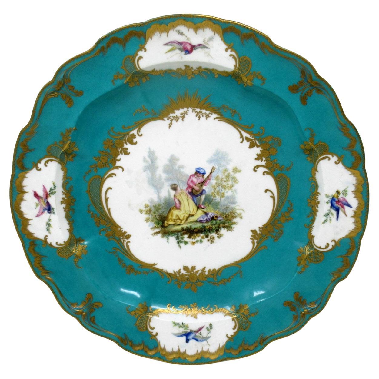 Antique French Sevres Porcelain Celeste Blue Gilt Cabinet Plate Centerpiece 19C For Sale