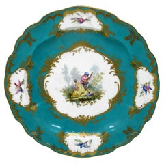 Antique French Sevres Porcelain Celeste Blue Gilt Cabinet Plate Centerpiece 19C