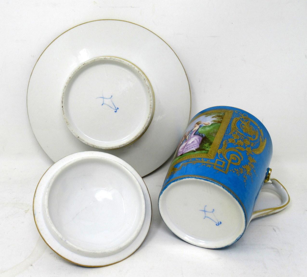 Antique French Sevres Porcelain Celest Blue Gilt Trembleuse Chocolate Cup Saucer For Sale 4