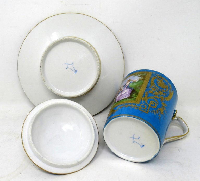 Antique French Sevres Porcelain Celest Blue Gilt Trembleuse Chocolate ...