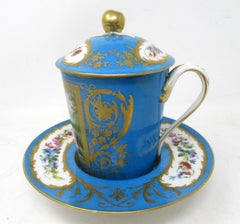 French Sevres Style Porcelain Celest Blue Gilt Trembleuse Chocolate Cup Saucer