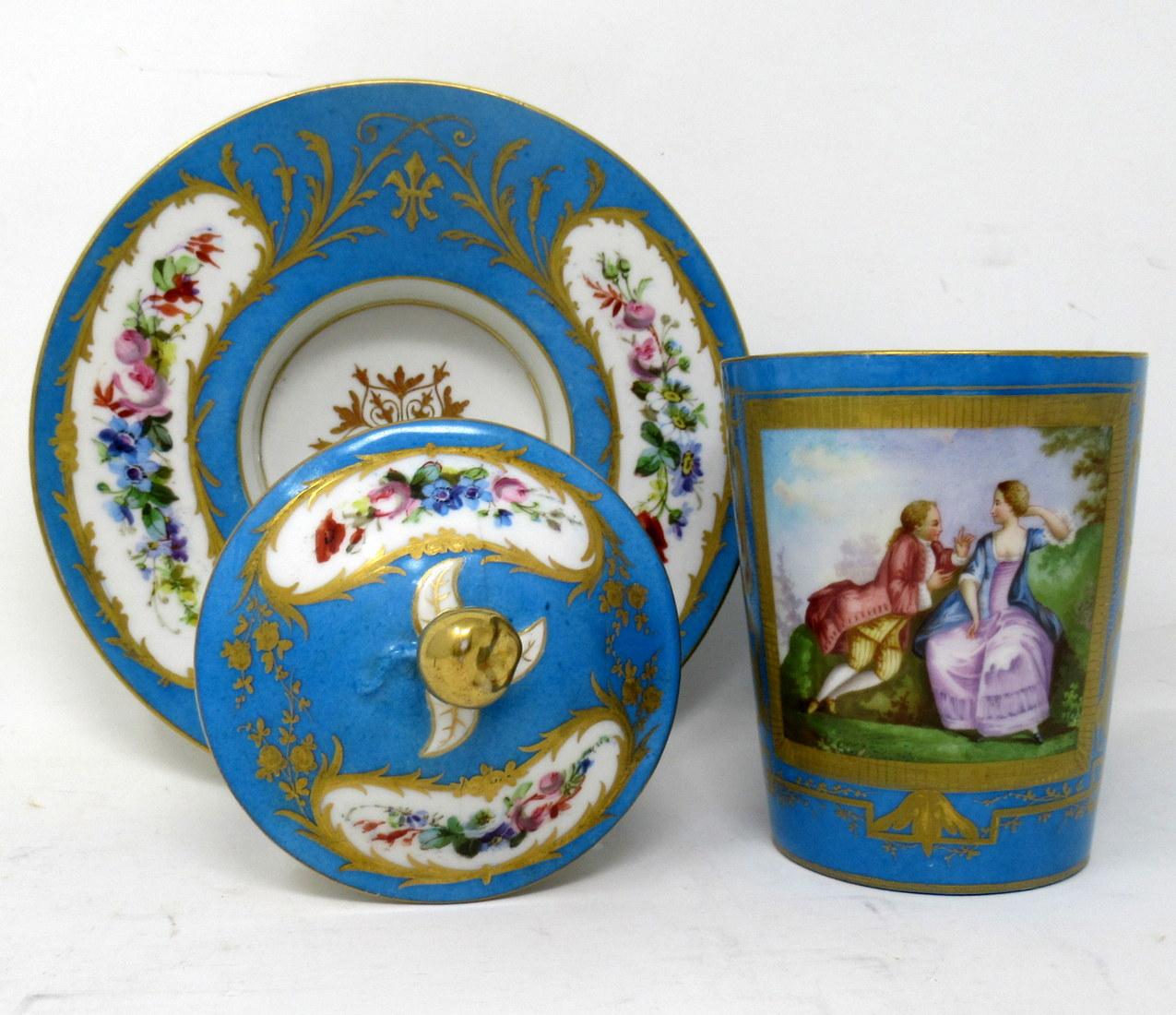 Late Victorian Antique French Sevres Porcelain Celest Blue Gilt Trembleuse Chocolate Cup Saucer For Sale