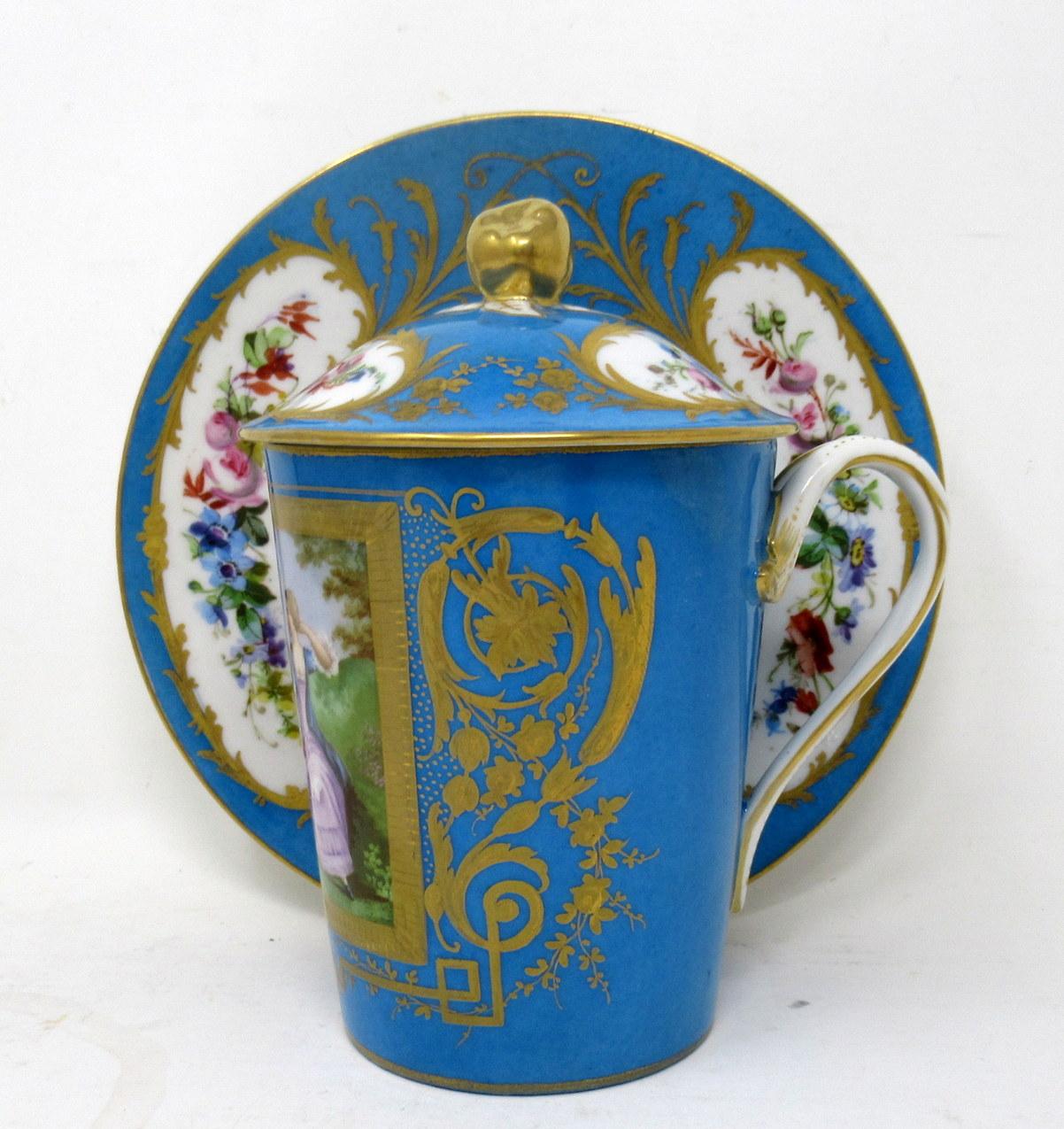 19th Century Antique French Sevres Porcelain Celest Blue Gilt Trembleuse Chocolate Cup Saucer For Sale