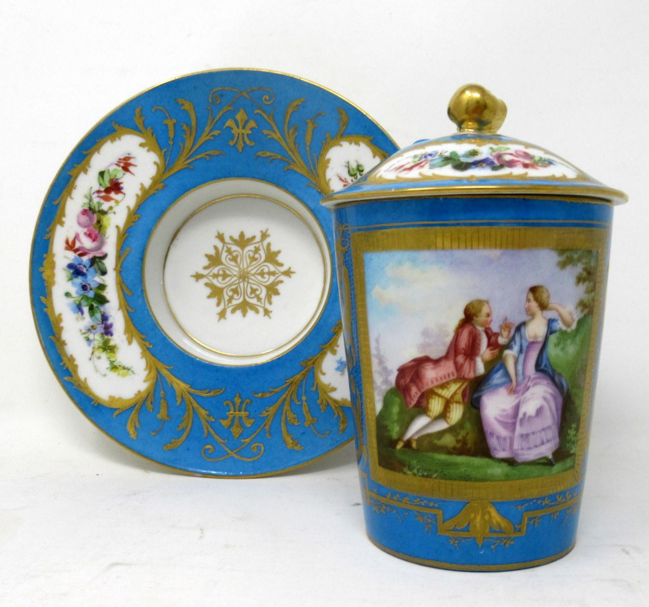 Ceramic Antique French Sevres Porcelain Celest Blue Gilt Trembleuse Chocolate Cup Saucer For Sale