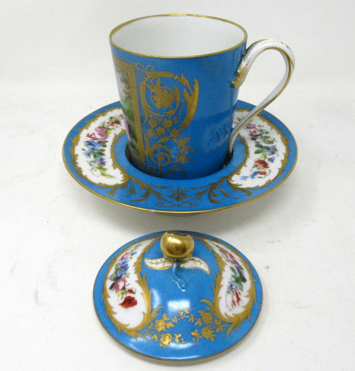 Antique French Sevres Porcelain Celest Blue Gilt Trembleuse Chocolate Cup Saucer For Sale 1