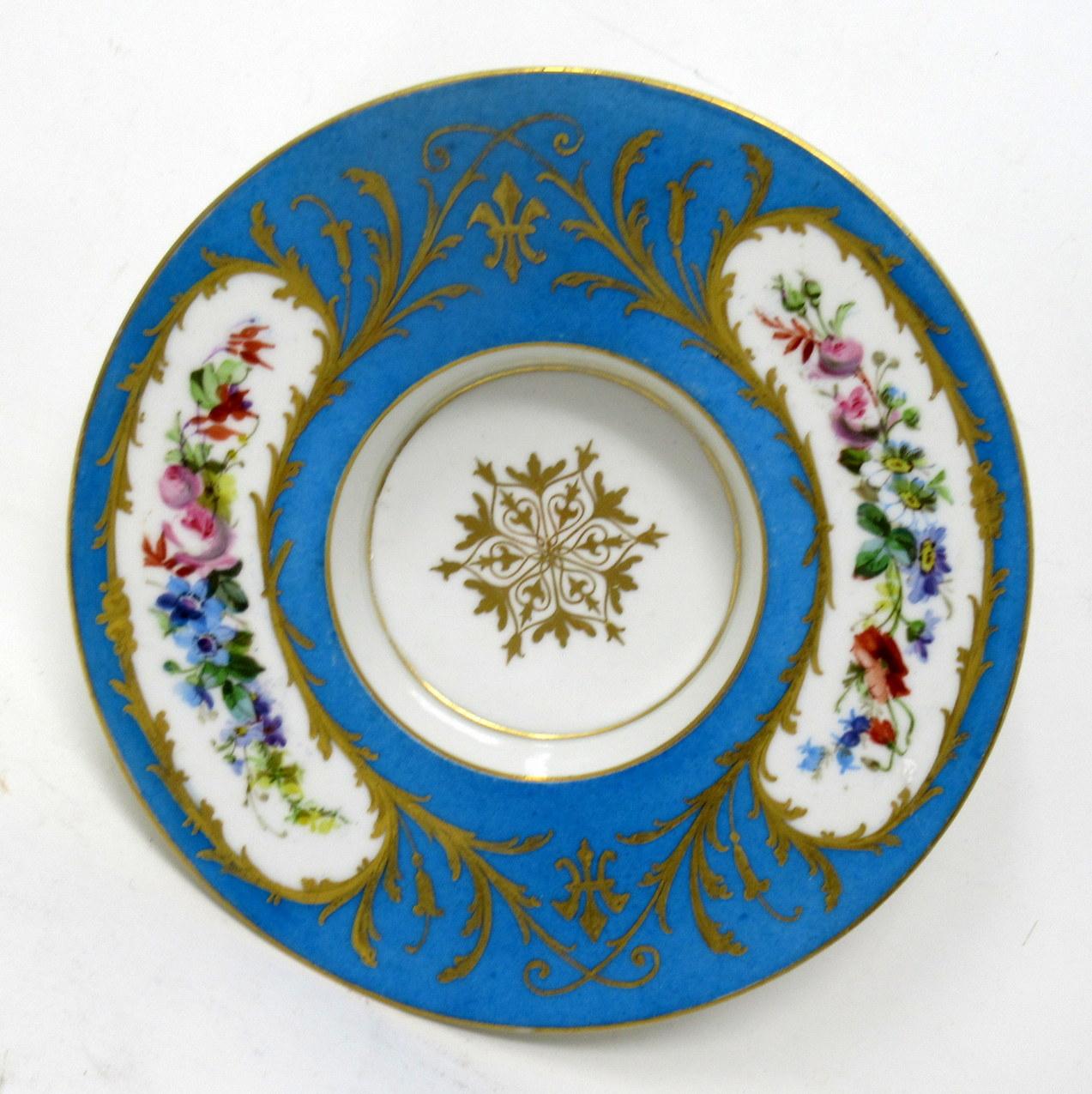 Antique French Sevres Porcelain Celest Blue Gilt Trembleuse Chocolate Cup Saucer For Sale 2