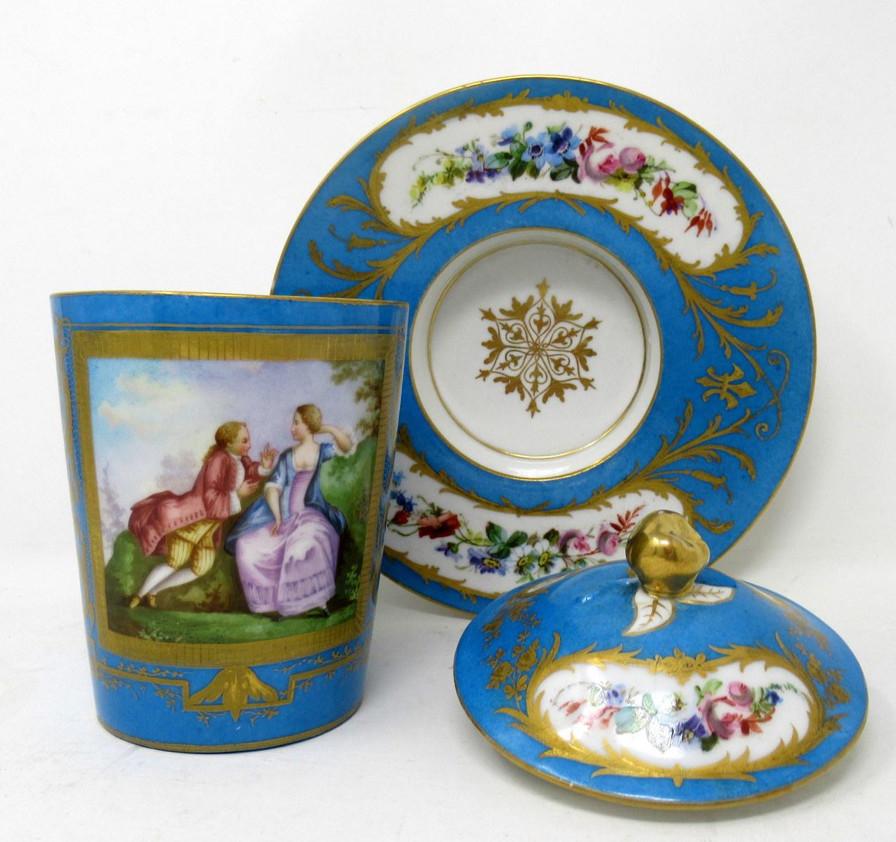 Antique French Sevres Porcelain Celest Blue Gilt Trembleuse Chocolate Cup Saucer For Sale 3