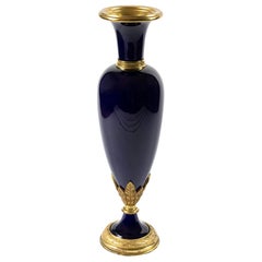 Antique French Sevres Porcelain Cobalt Blue and Bronze Vase