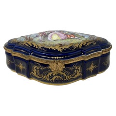 Antique French Sevres Porcelain Cobalt Blue & Gold Box, Circa 1900.