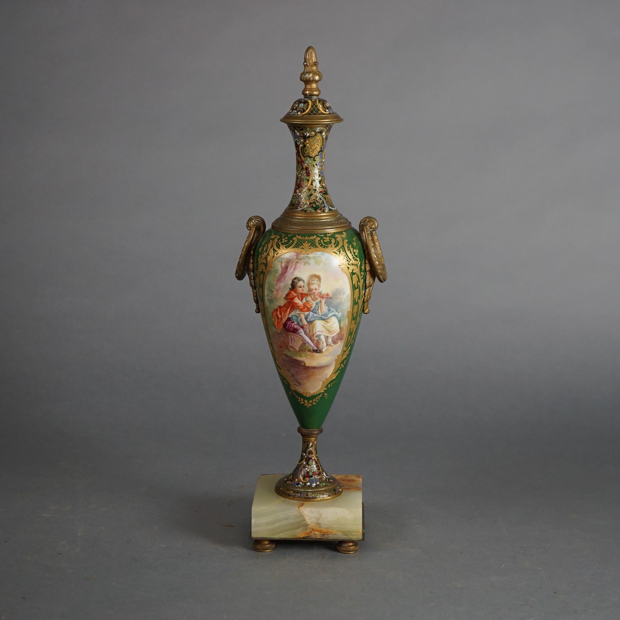 Antique French Sevrés Porcelana y Retrato Esmaltado Urna con Base de Mármol c1890 Francés