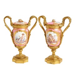 Antique French Sèvres Porcelain Gilt Bronze-Mounted Two-Handled Vases