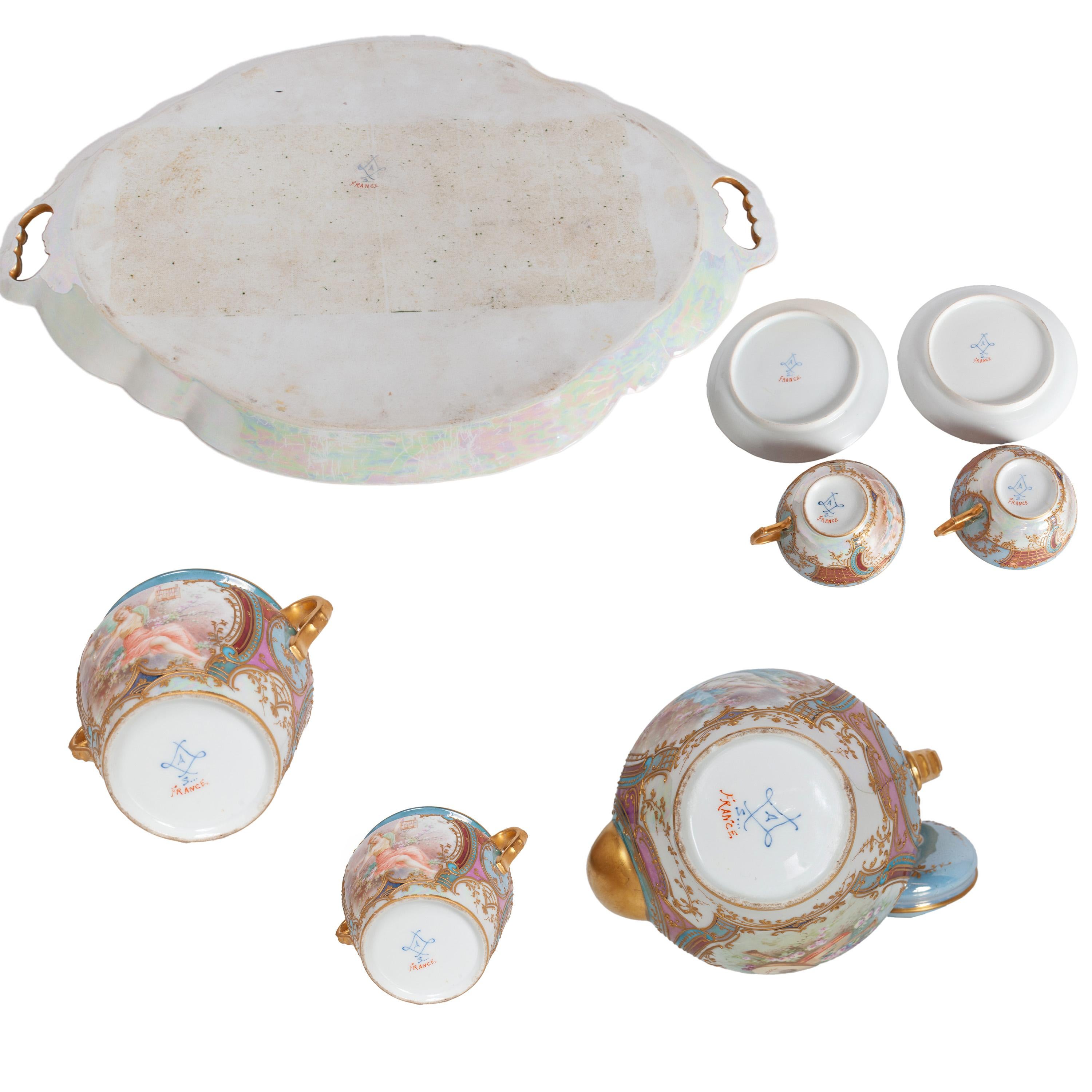 Antique French Sèvres Porcelain Neoclassical 8 Piece Tete-A-Tete Tea Set 1900 in vendita 12