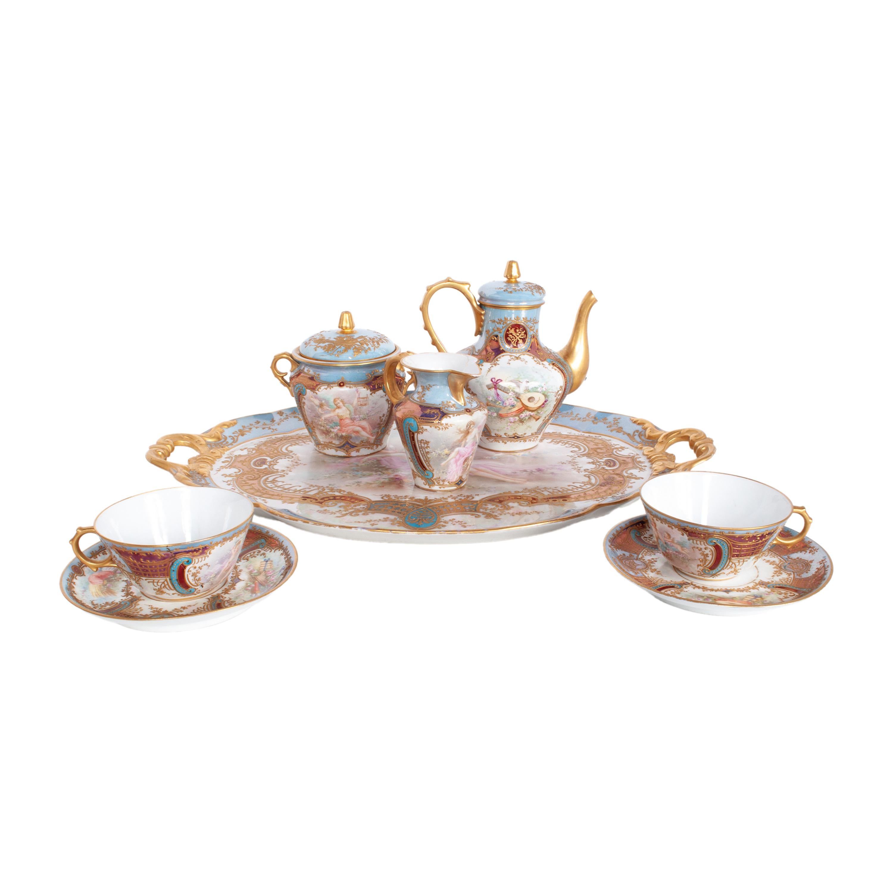 Neoclassico Antique French Sèvres Porcelain Neoclassical 8 Piece Tete-A-Tete Tea Set 1900 in vendita