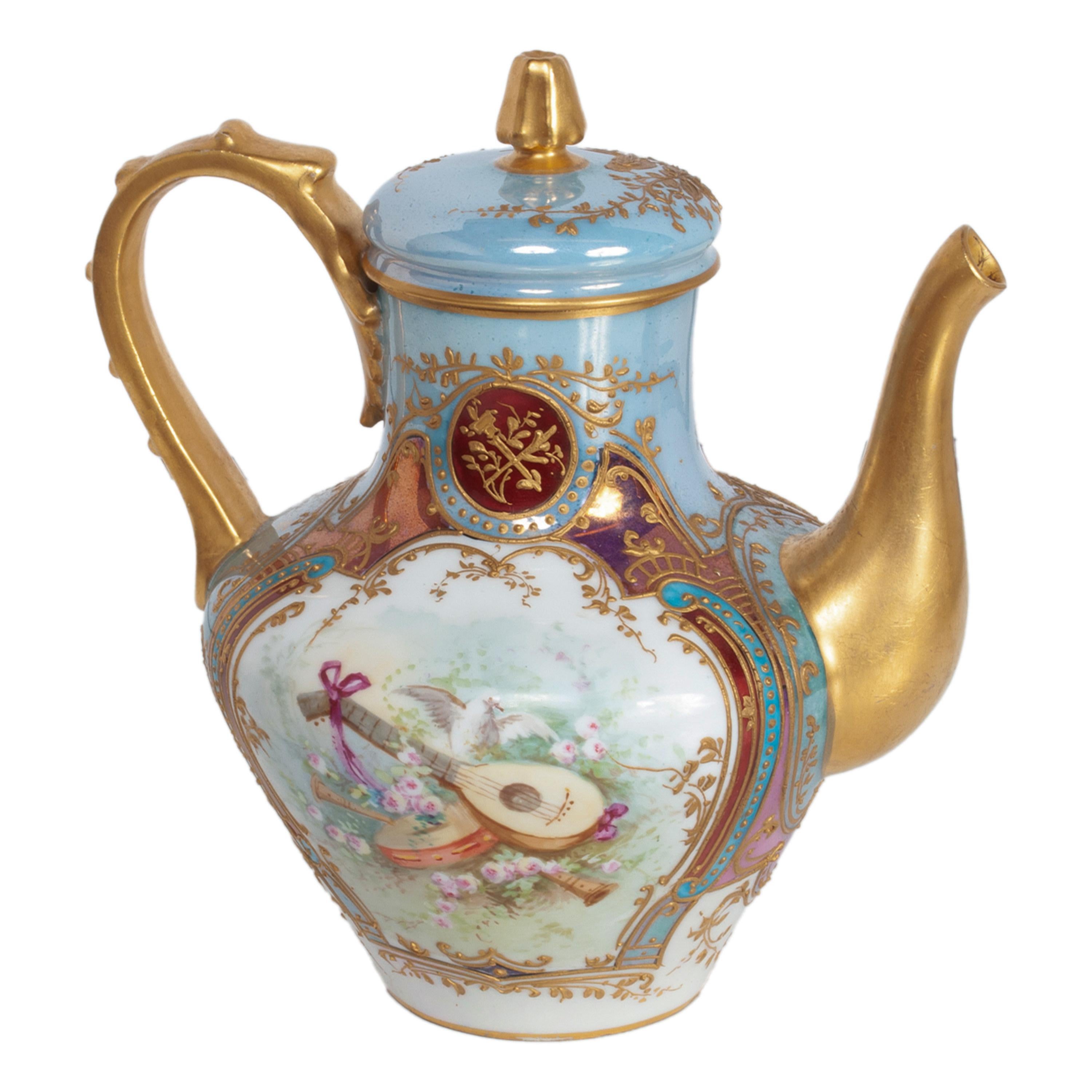 Inizio XX secolo Antique French Sèvres Porcelain Neoclassical 8 Piece Tete-A-Tete Tea Set 1900 in vendita