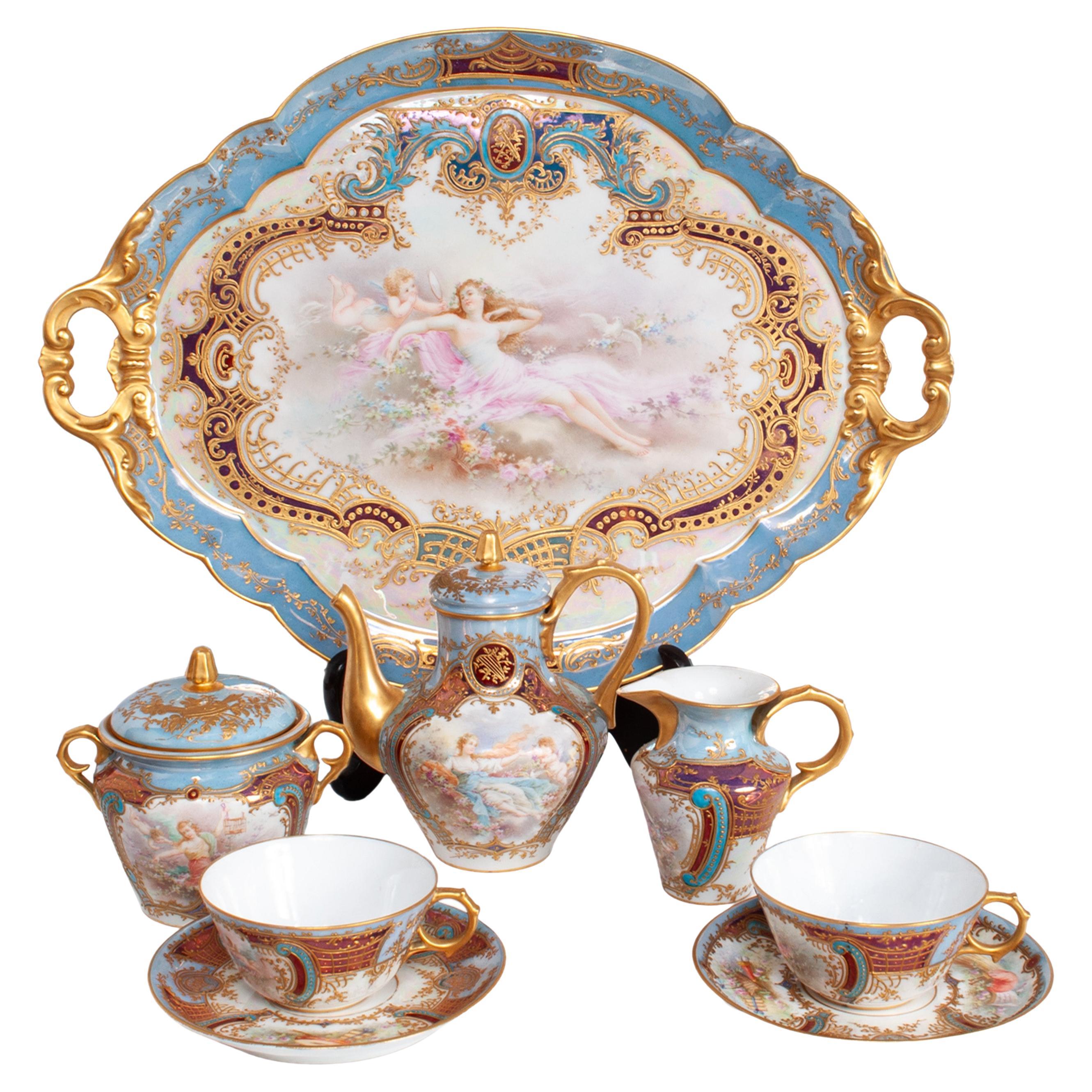 Antique French Sèvres Porcelain Neoclassical 8 Piece Tete-A-Tete Tea Set 1900 in vendita
