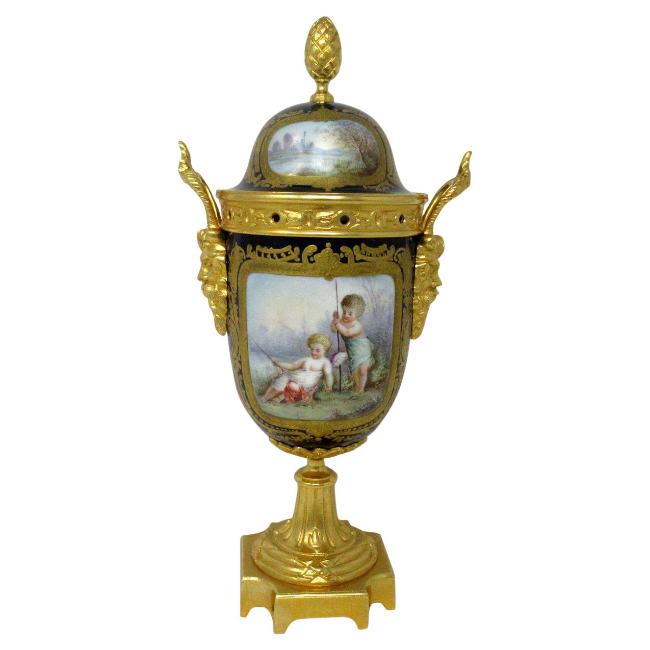 Antique French Sèvres Porcelain Ormolu Gilt Bronze Urn Vase Potpourri Cobalt