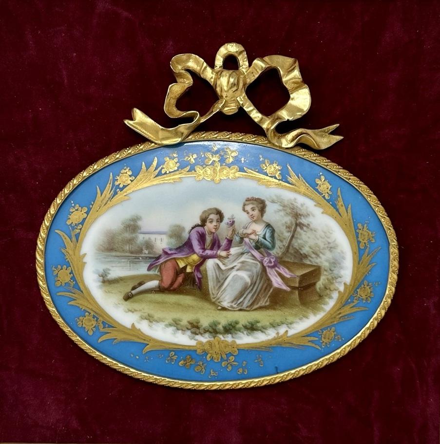 Victorian Antique French Sevres Porcelain Ormolu Gilt Framed Plaque Hand Painted Picture 