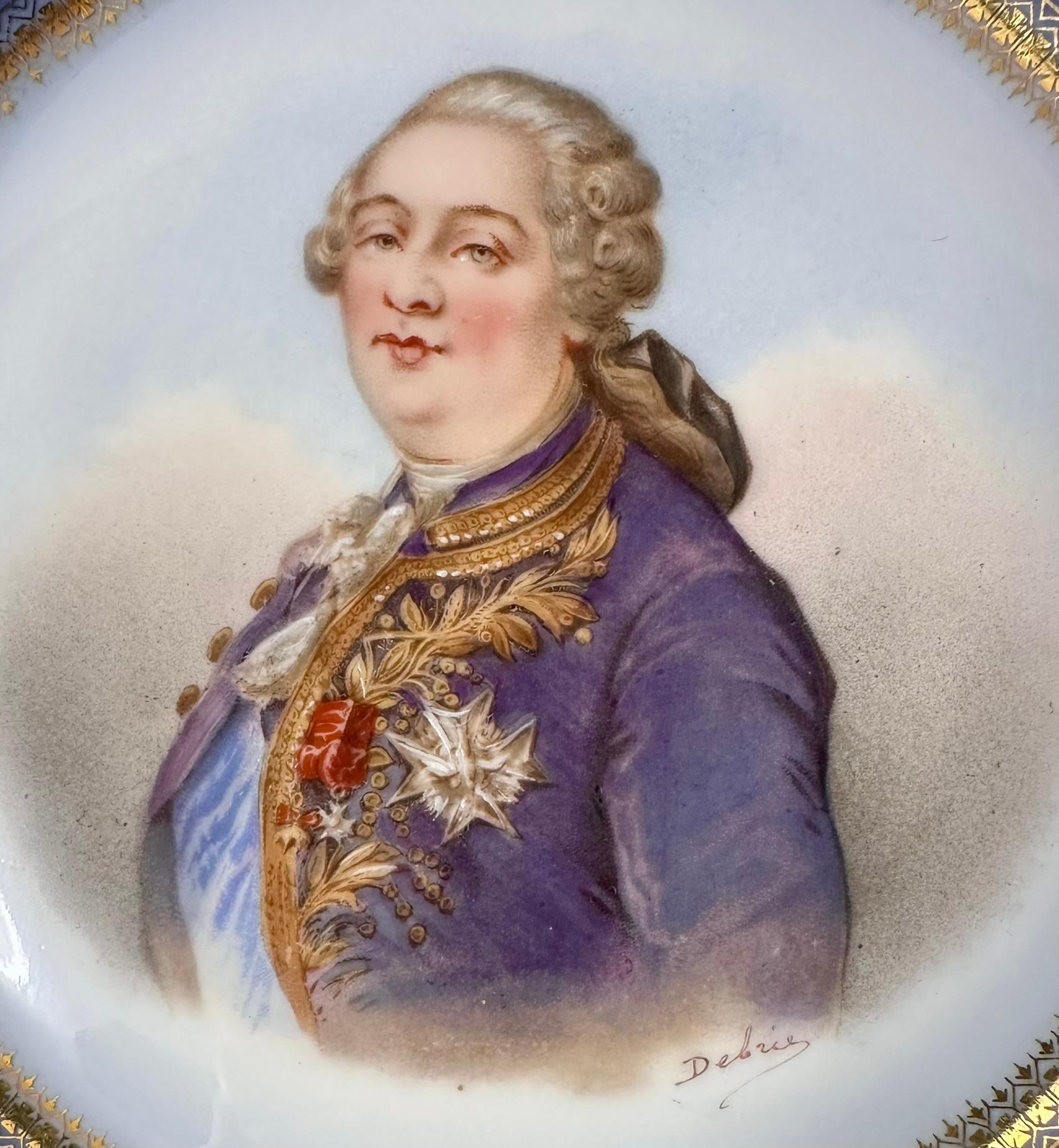 Antique French Sevres Château de Saint-Cloud Porcelain Portrait Plate of King Louis XVI, Signed DeBrie, Circa 1846. 
Pristine plate in cobalt blue and cream with intricately hand-painted gold leaf details.
We also have the companion plate to this