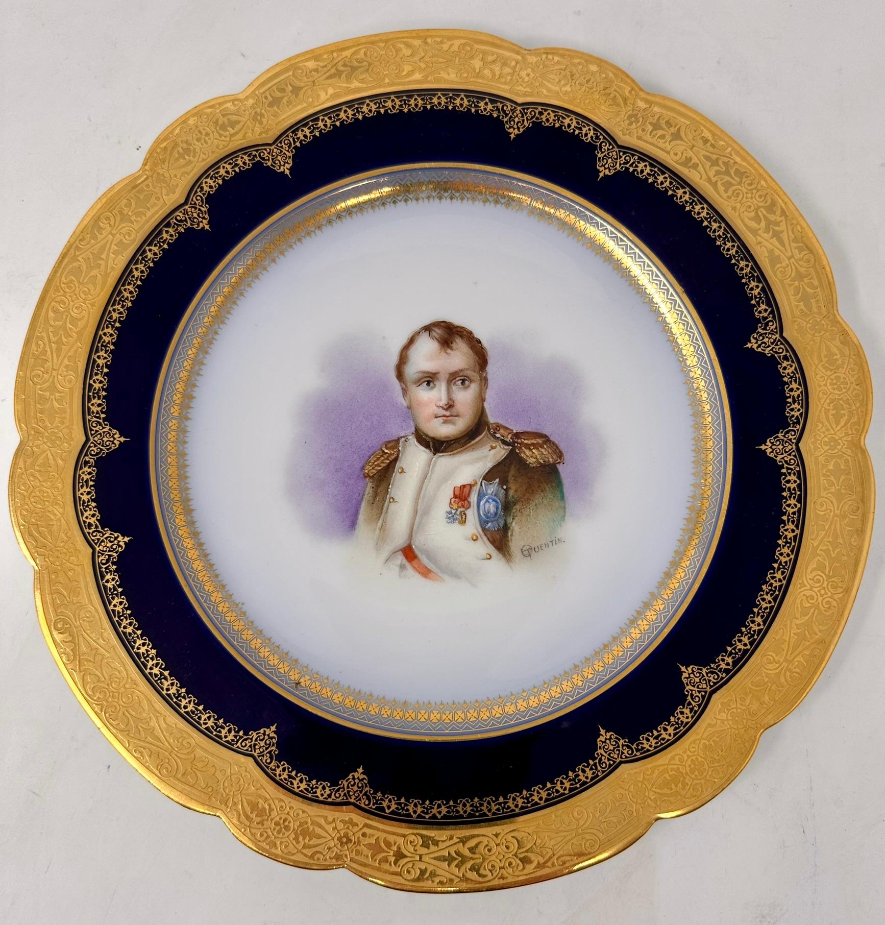 Antique French Sevres Château de Saint-Cloud Porcelain Portrait Plate of Napoleon Bonaparte, Signed DeBrie, Circa 1846.  
Pristine plate in cobalt blue and cream with intricately hand-painted gold leaf details. 
We have just 10 plates in this