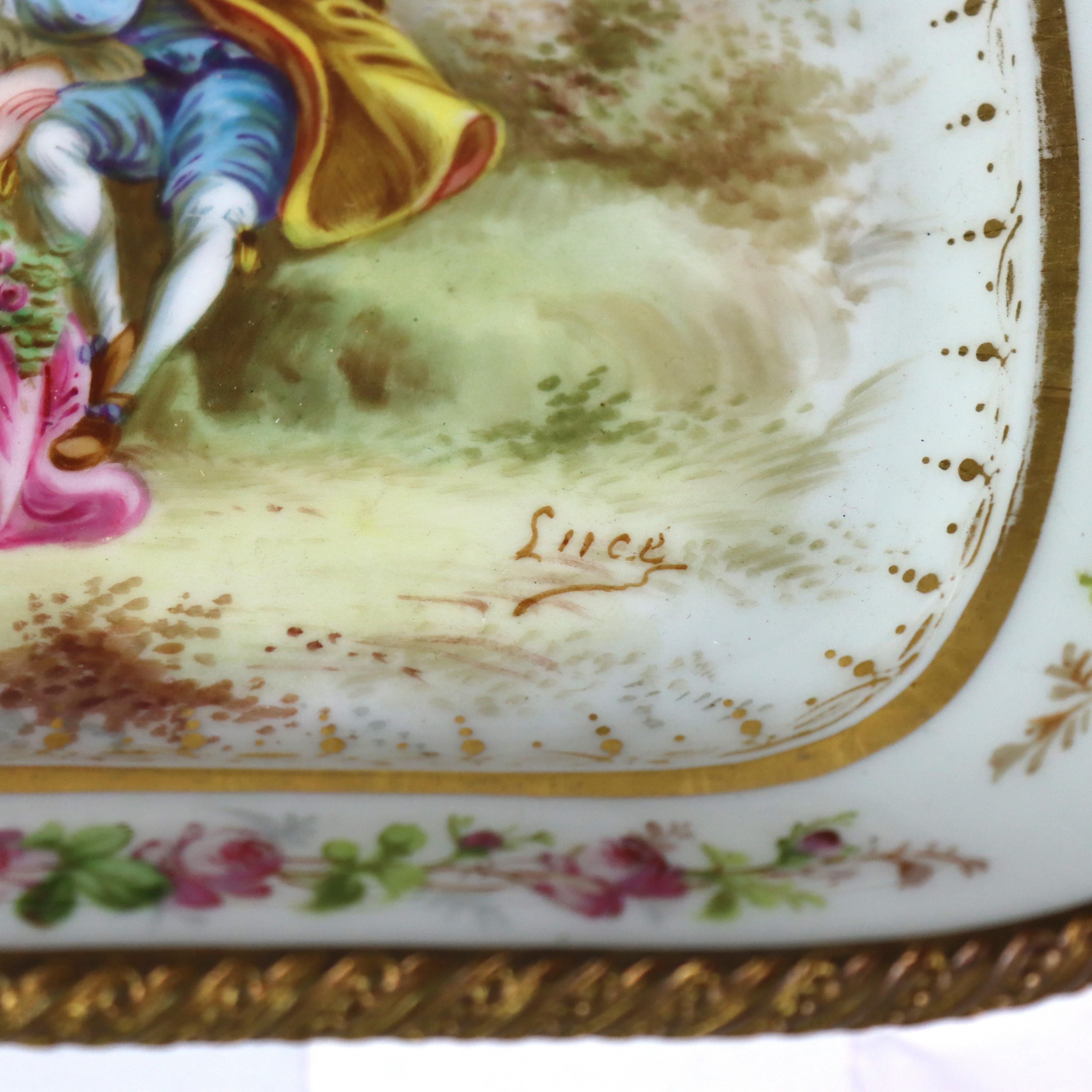 Antique French Sèvres Porzellantablett mit Bronzerahmen signiert C1890 im Angebot 3
