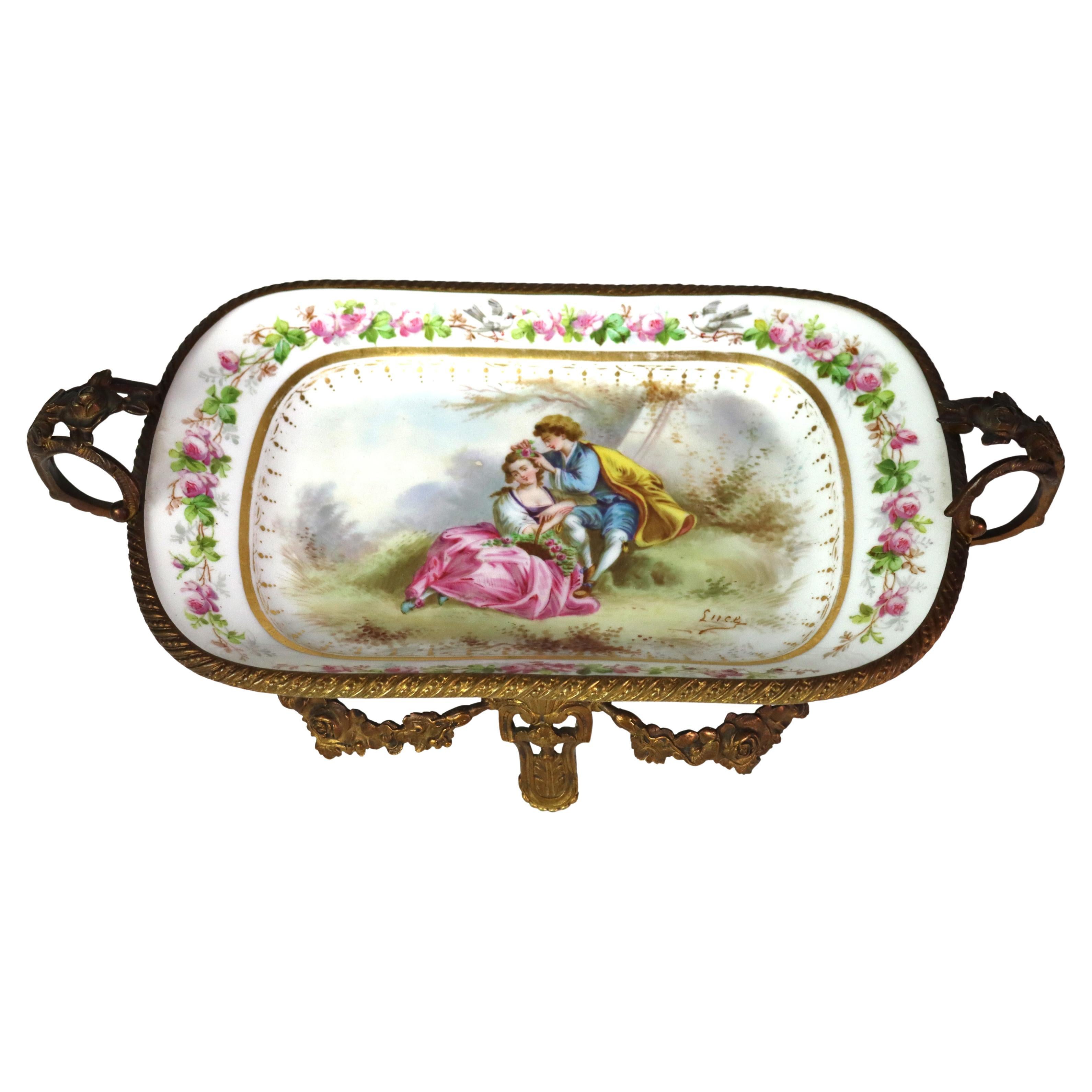 Antique French Sevres Porcelain Tray With Bronze Frame Signed C1890