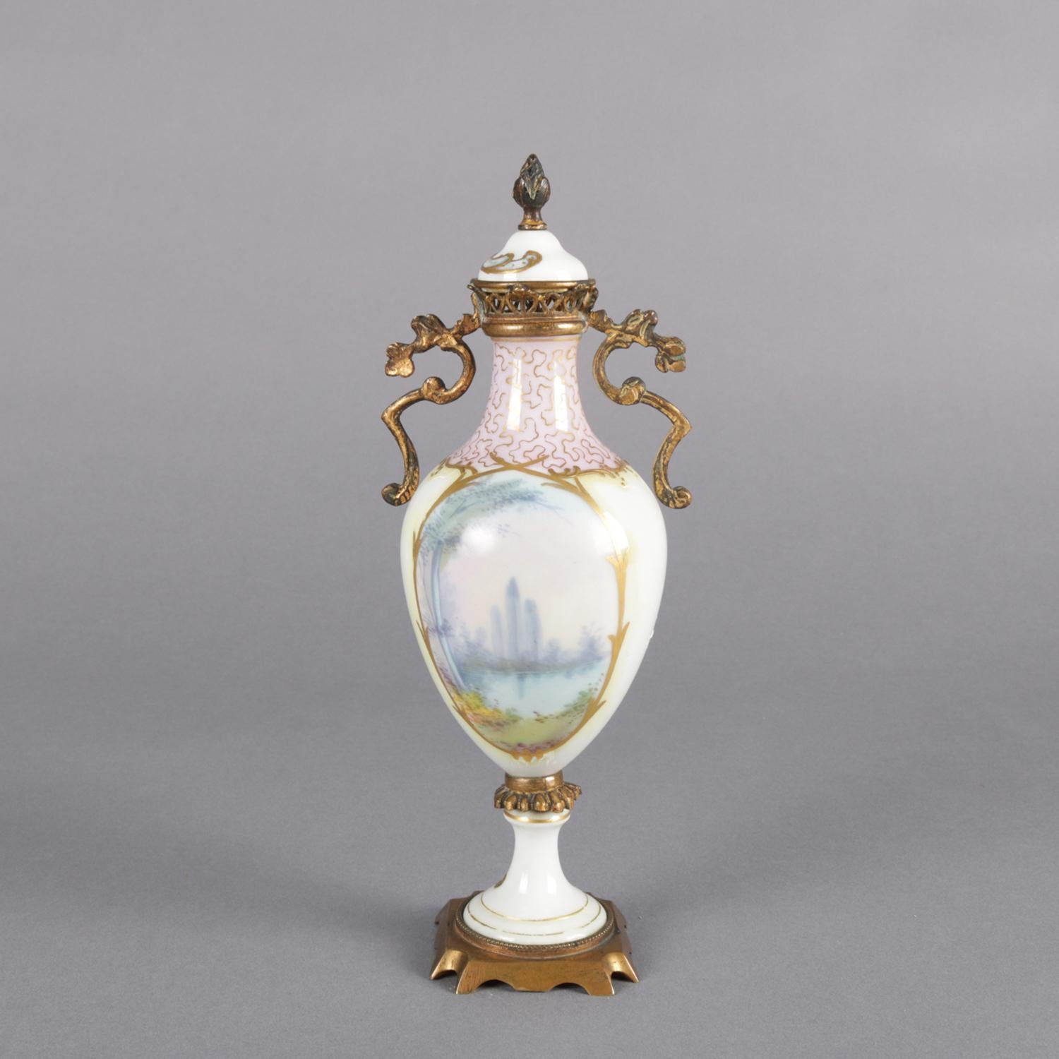 Cast Antique French Sèvres School Hand-Painted and Gilt Porcelain and Bronze Urn