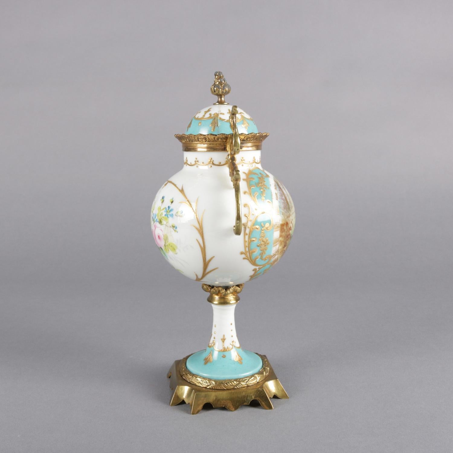 Antique French Sevres School Hand Painted and Gilt Porcelain and Bronze Urn In Good Condition In Big Flats, NY