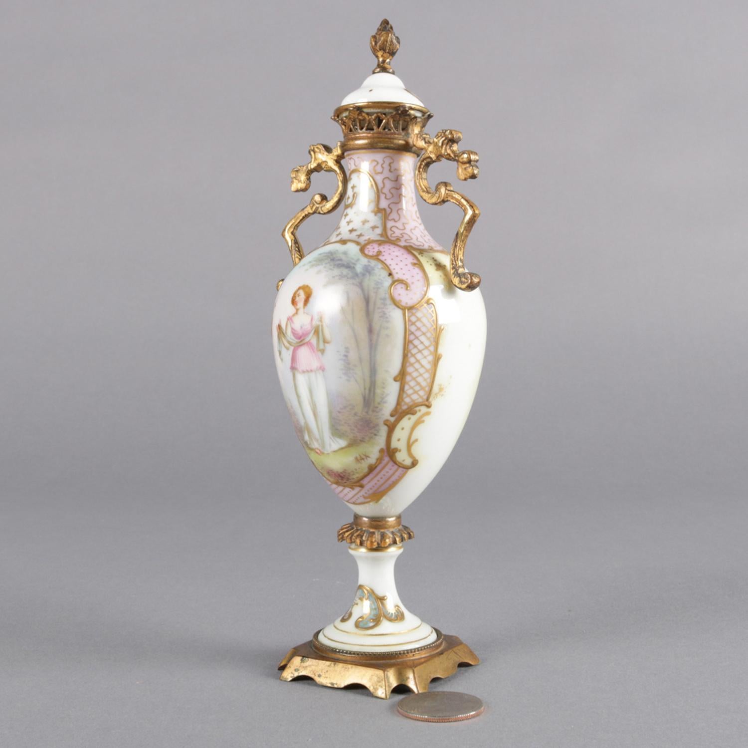 19th Century Antique French Sèvres School Hand-Painted and Gilt Porcelain and Bronze Urn