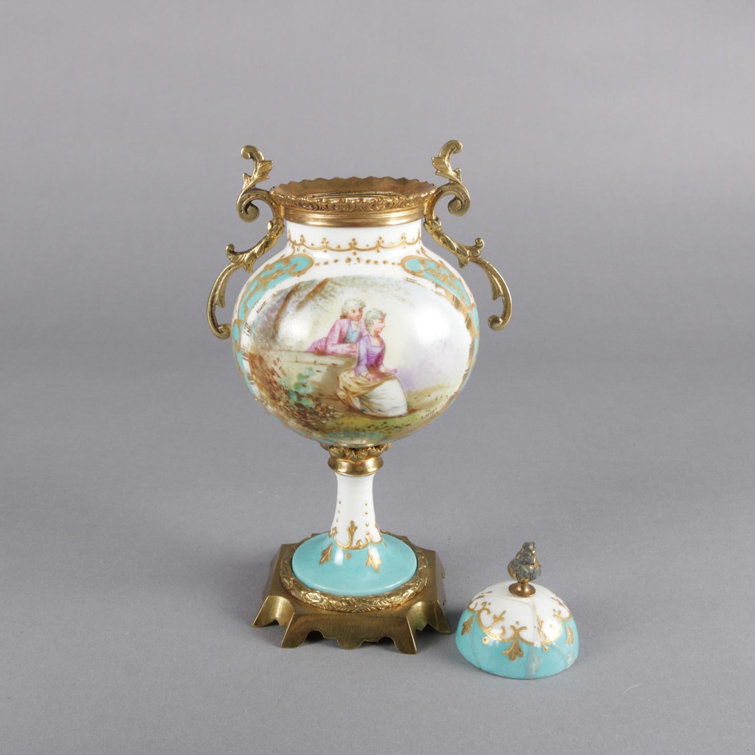 19th Century Antique French Sevres School Hand Painted and Gilt Porcelain and Bronze Urn