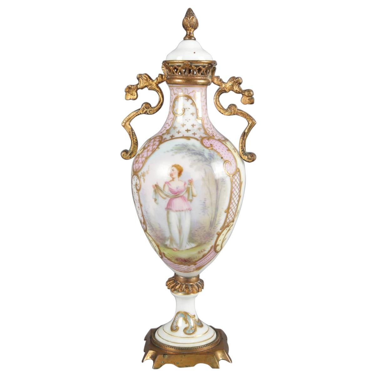 Antique French Sèvres School Hand-Painted and Gilt Porcelain and Bronze Urn
