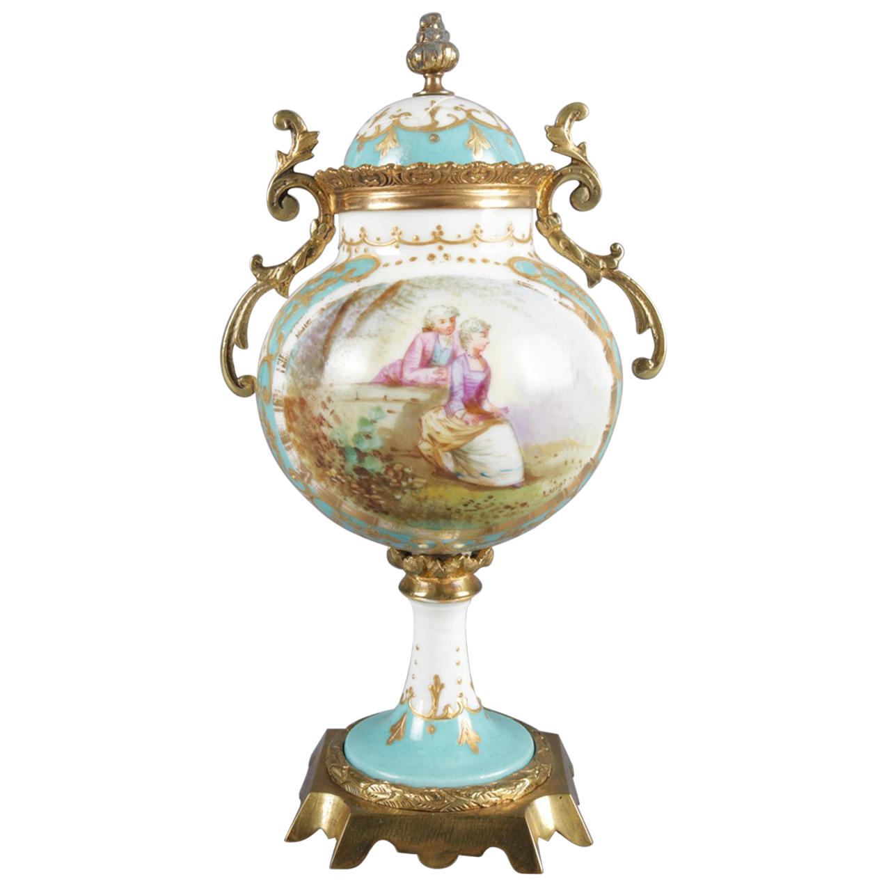 Antique French Sevres School Hand Painted and Gilt Porcelain and Bronze Urn