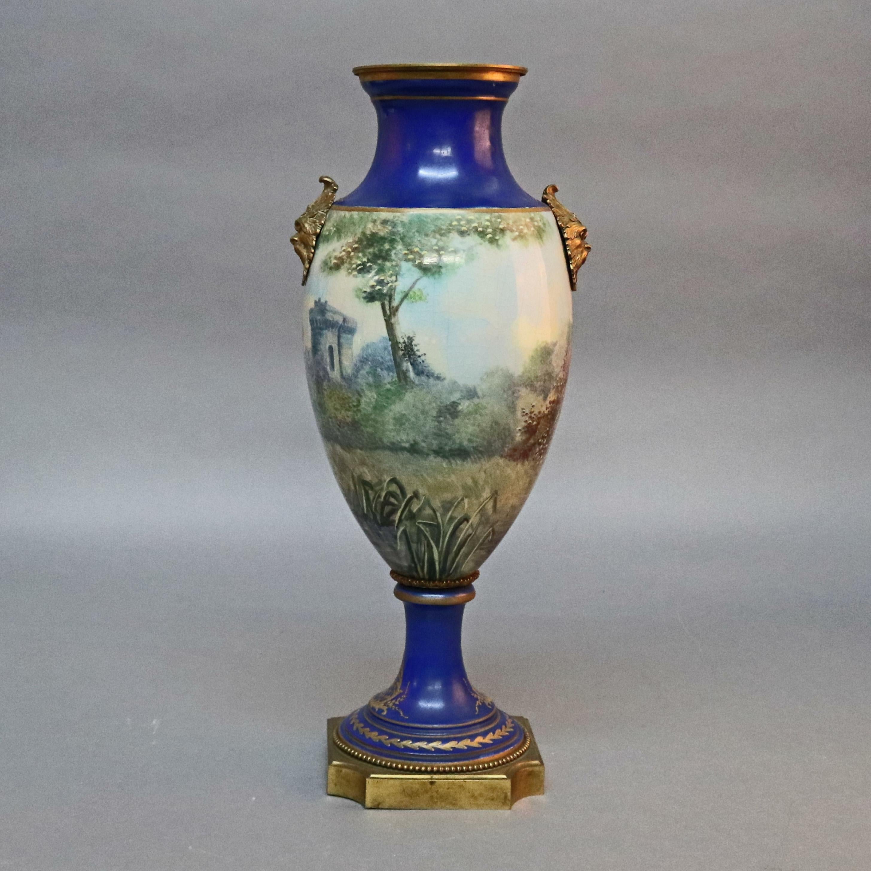 Cast Antique French Sevres School Painted and Gilt Pictorial Urn, Artist Signed