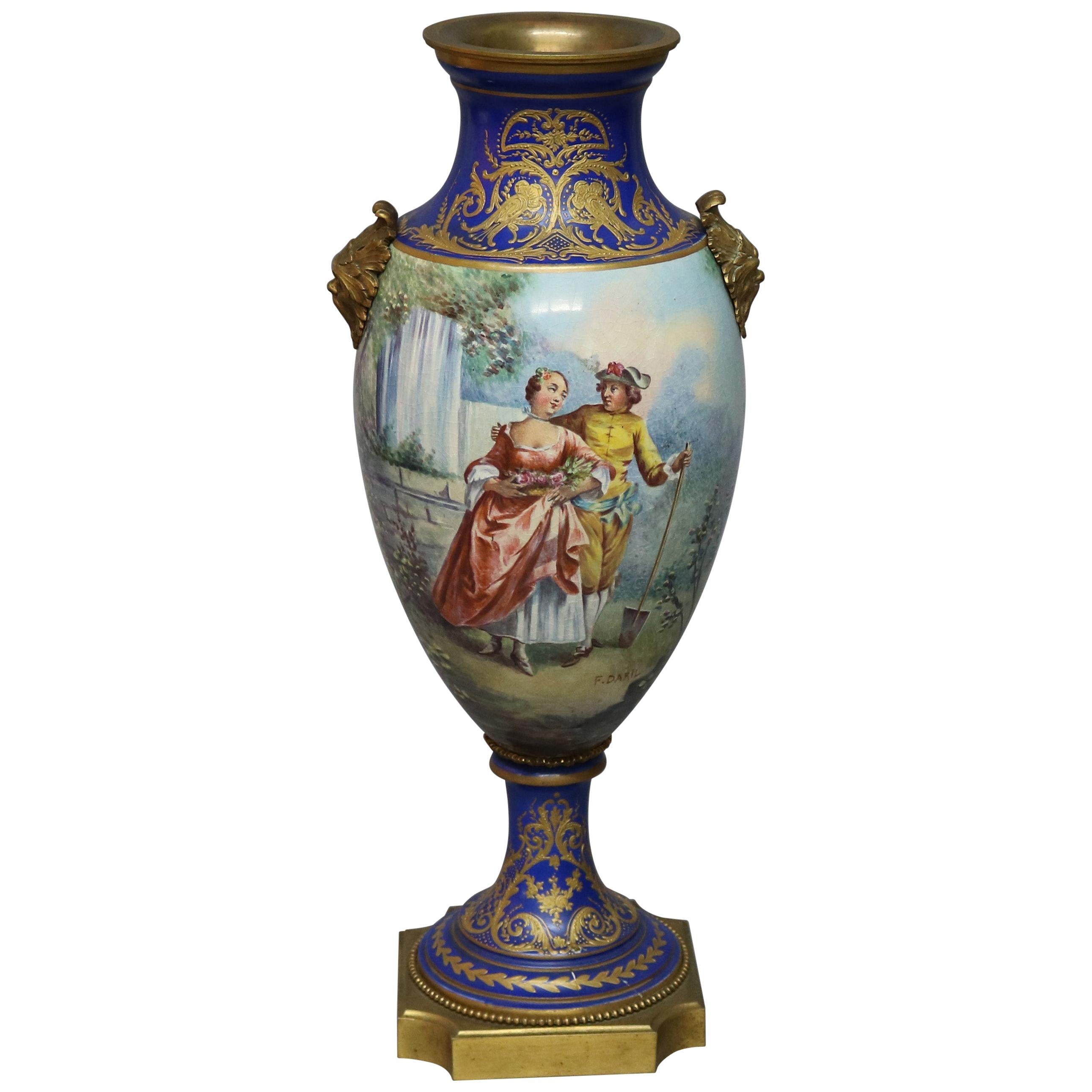 Antique French Sevres School Painted and Gilt Pictorial Urn, Artist Signed